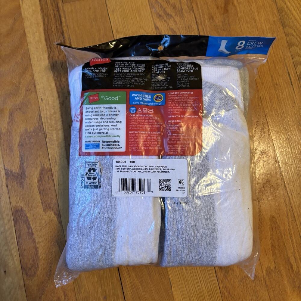 NWT 8-Pack HANES Men’s Cushion Crew Socks Cotton Blend 6-12 Workout White Tall - Picture 3 of 4